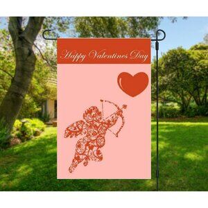 Happy Valentine's Day Double Sided Garden Flag - Yard Decor Cupid & Heart NEW